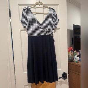 Kaileigh Navy and White A-Line Midi Dress V-Neck Short Sleeve